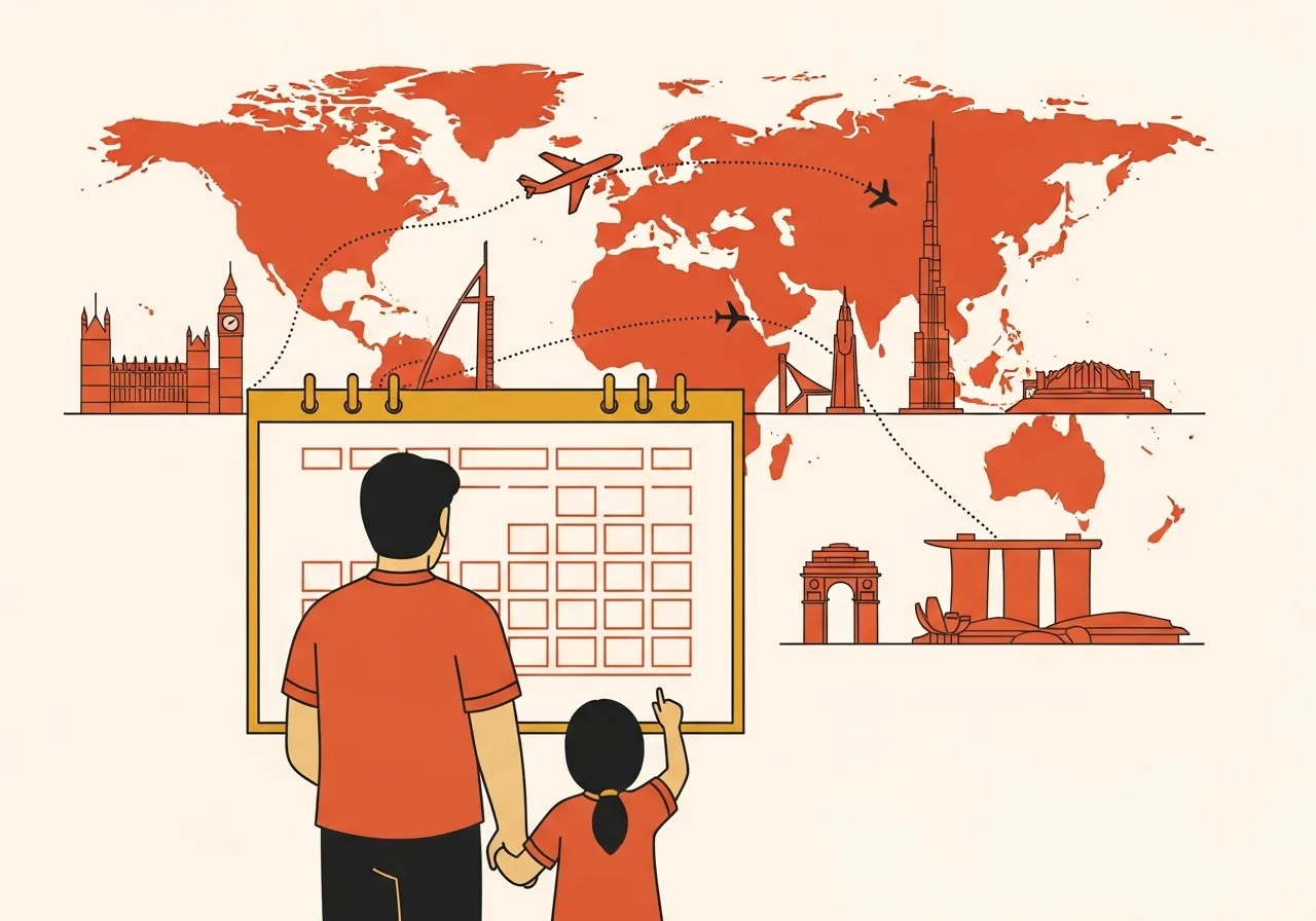Illustration of a family tracking travel days on a calendar in front of a world map