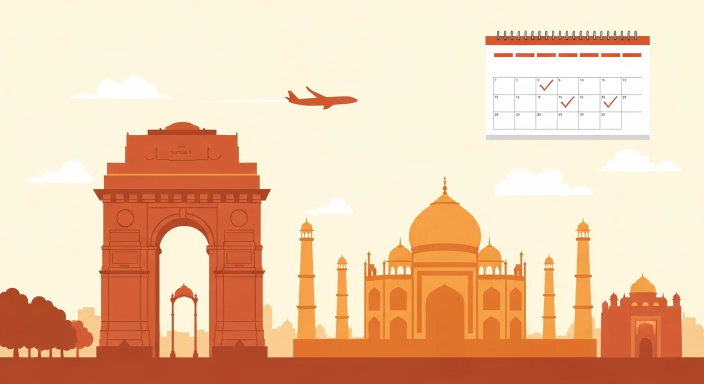 Illustration of Indian landmarks with an airplane and a day-count calendar