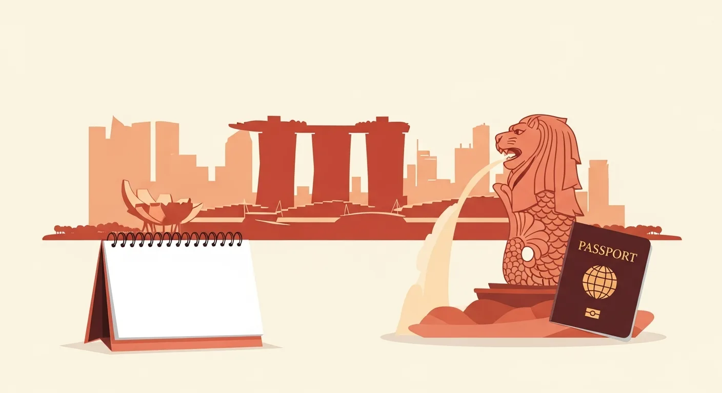 Illustration of the Singapore skyline with a calendar and passport
